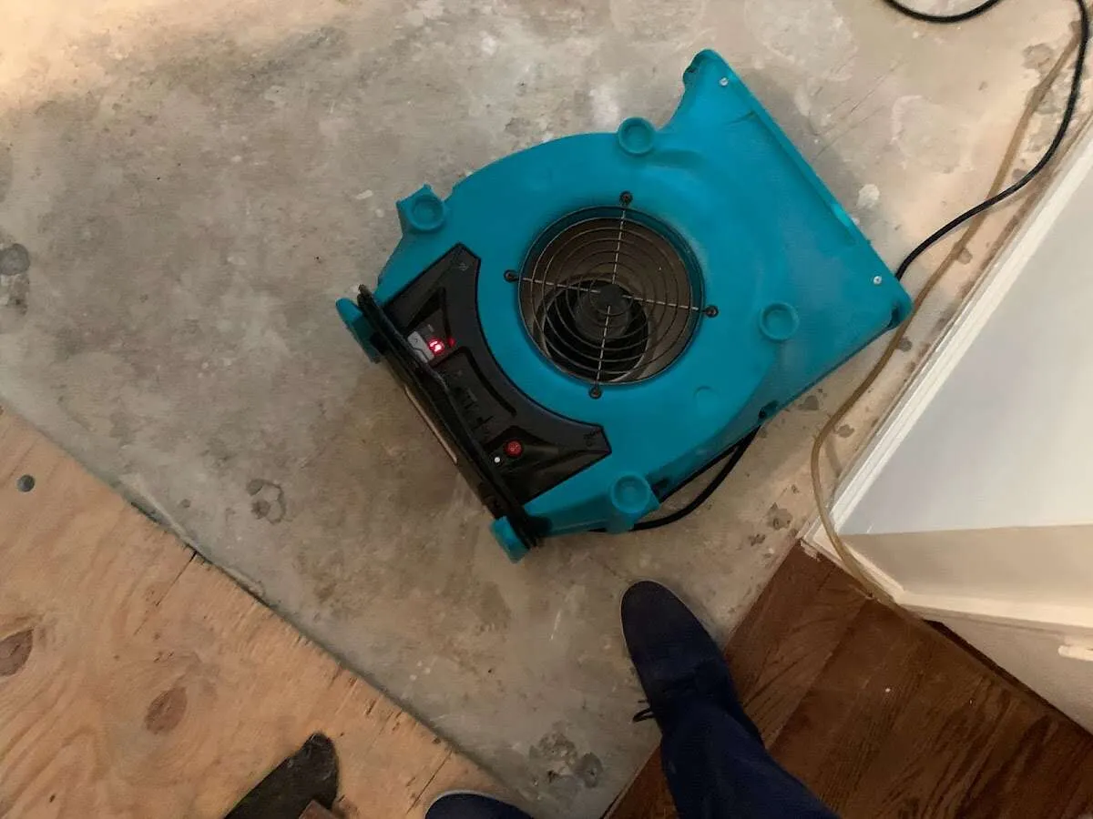 Air mover drying subfloor during Commercial Water Damage Restoration in Cranston